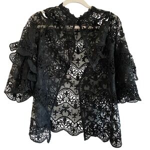 Reveuse Whimsygoth Cold Shoulder Top L Women's Black Floral Sheer Crochet Blouse